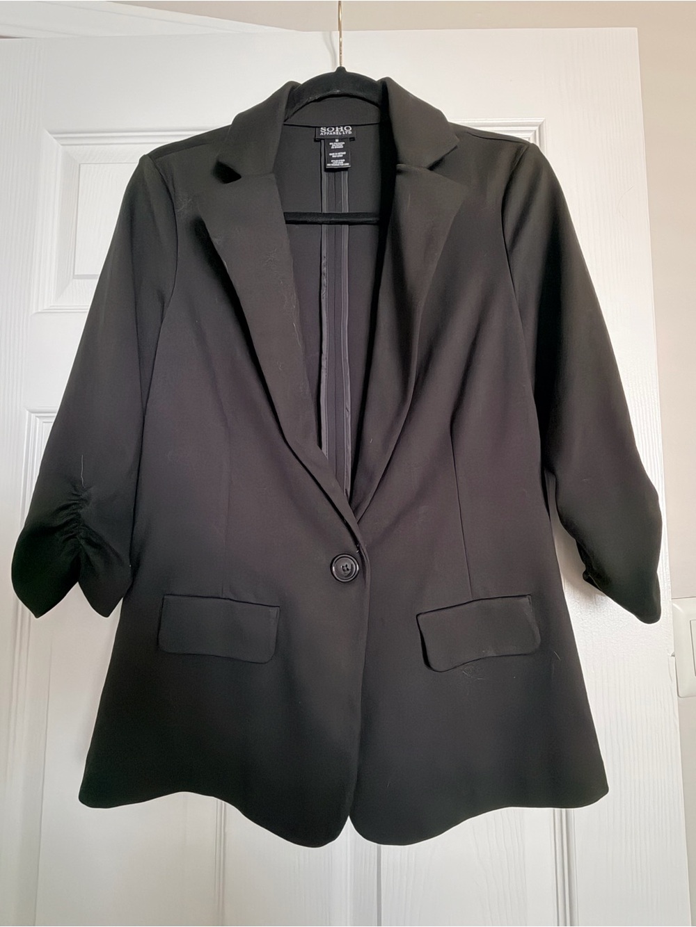 Soho Apparel Black Single-Button Blazer with Ruched 3/4 Sleeves